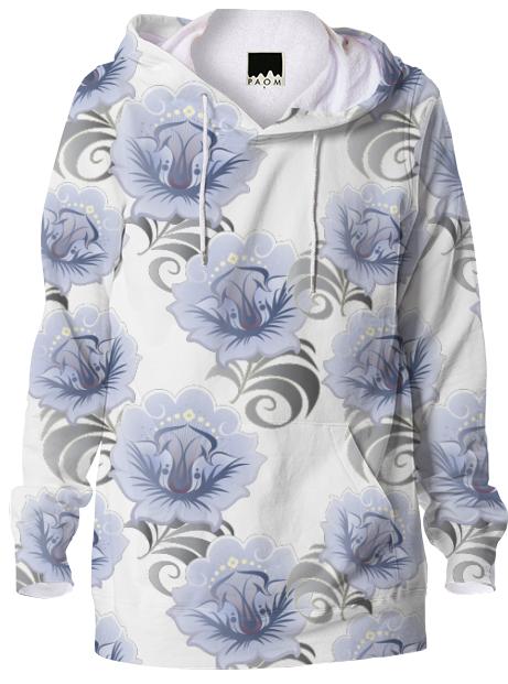 Abstract Blue Silver Large Flowers Hoodie