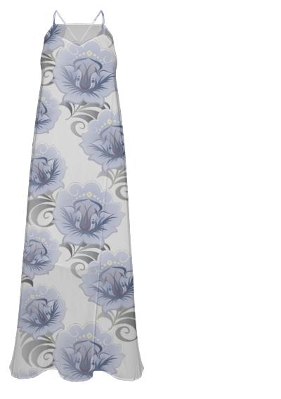 Abstract Blue Silver Larger Flowers Chiffon Maxi Dress