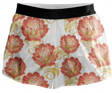 Large Abstract Flowers in Chinese Red Gold Running Shorts
