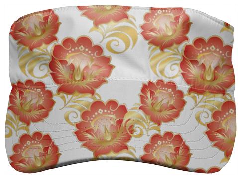 Large Abstract Flowers in Chinese Red Gold Visor