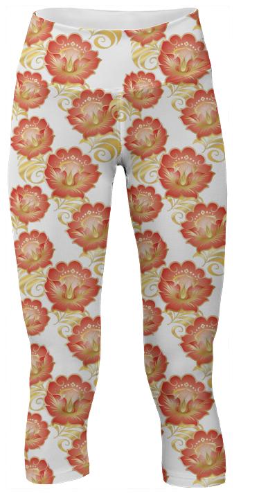 Large Abstract Flowers in Chinese Red Gold Yoga Pants