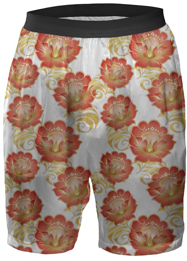 Large Abstract Flowers in Chinese Red Gold Boxer Shorts