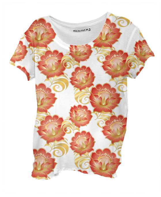 Large Abstract Flowers in Chinese Red Gold Drape Shirt