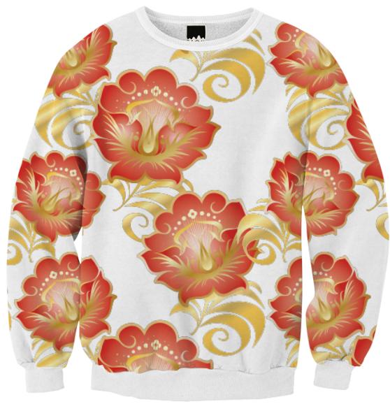 Large Abstract Flowers in Chinese Red Gold Ribbed Sweatshirt