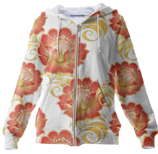 Large Abstract Flowers in Chinese Red Gold Zip Up Hoodie