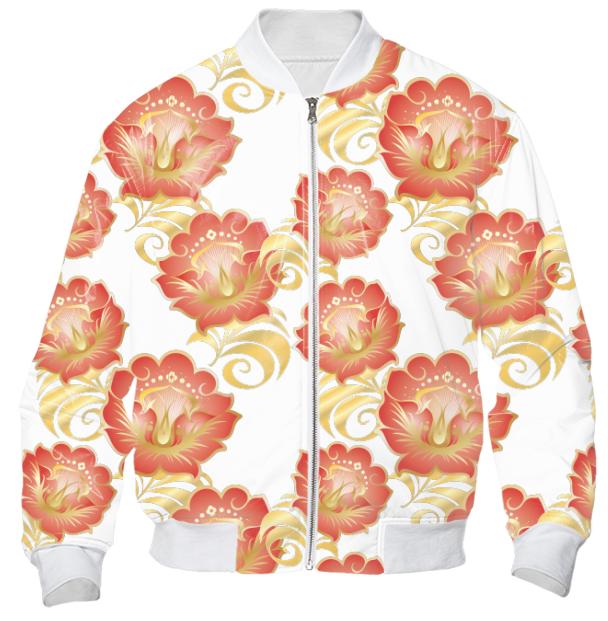 Large Abstract Flowers in Chinese Red Gold Bomber Jacket