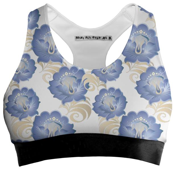Abstract Cerulean Blue Cream Large Flowers Sports Bra