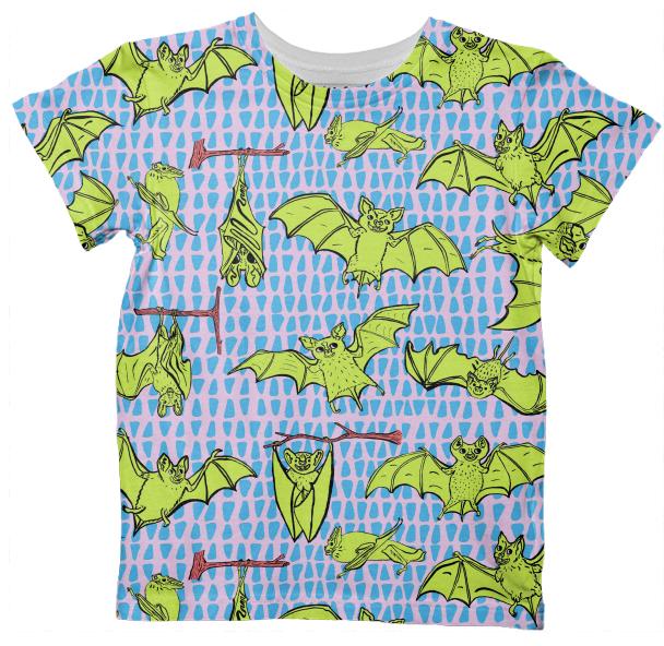 PAOM, Print All Over Me, digital print, design, fashion, style, collaboration, muffybrandt, Kids Tshirt, Kids-Tshirt, KidsTshirt, Kid, Shirt, Yellow, Happy, Bats, Pink, with, Blue, Triangles, autumn winter spring summer, unisex, Poly, Kids