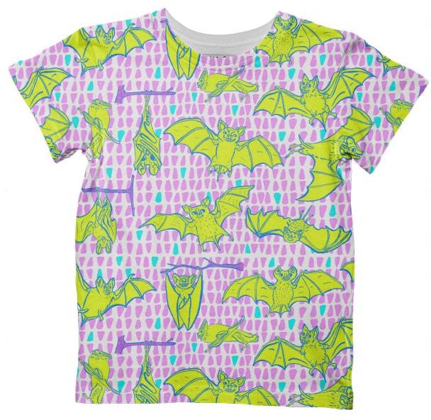 PAOM, Print All Over Me, digital print, design, fashion, style, collaboration, muffybrandt, Kids Tshirt, Kids-Tshirt, KidsTshirt, Kid, Shirt, Yellow, Happy, Bats, with, Pink, and, Blue, Triangles, autumn winter spring summer, unisex, Poly, Kids