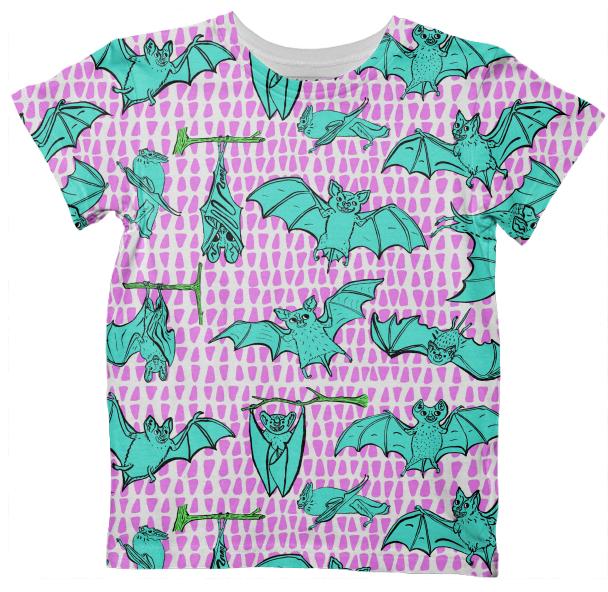 PAOM, Print All Over Me, digital print, design, fashion, style, collaboration, muffybrandt, Kids Tshirt, Kids-Tshirt, KidsTshirt, Kid, Shirt, Blue, Happy, Bats, with, Magenta, Triangles, autumn winter spring summer, unisex, Poly, Kids