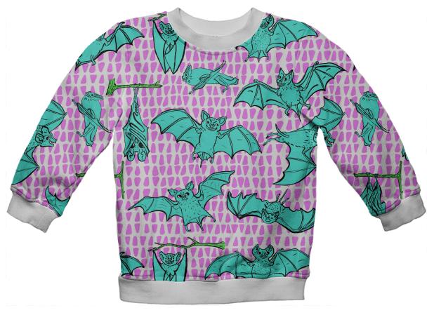 PAOM, Print All Over Me, digital print, design, fashion, style, collaboration, muffybrandt, Kids Sweatshirt, Kids-Sweatshirt, KidsSweatshirt, Kid, Blue, Happy, Bats, with, Magenta, Triangles, autumn winter spring summer, unisex, Poly, Kids