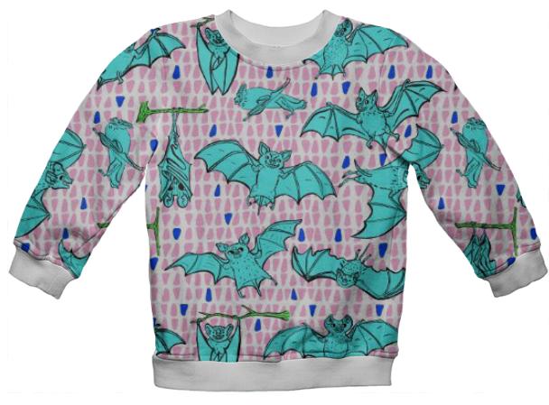 PAOM, Print All Over Me, digital print, design, fashion, style, collaboration, muffybrandt, Kids Sweatshirt, Kids-Sweatshirt, KidsSweatshirt, Kid, Blue, Happy, Bats, with, Pink, and, Blue, Triangles, autumn winter spring summer, unisex, Poly, Kids