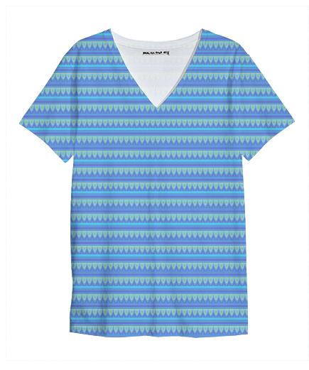 Blue Green Tribal Horizontal Stripes V Neck Shirt