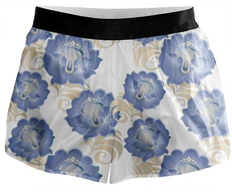 Abstract Cerulean Blue Cream Large Flowers Running Shorts
