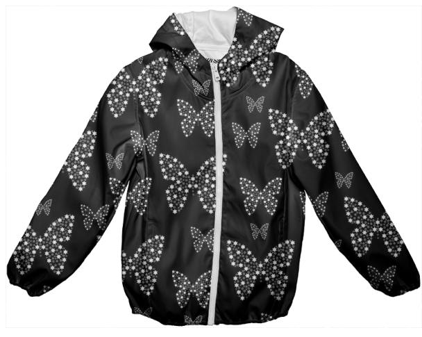 BLACK AND WHITE BUTTERFLIES FLOWERS PATTERN Kids Rain Jacket