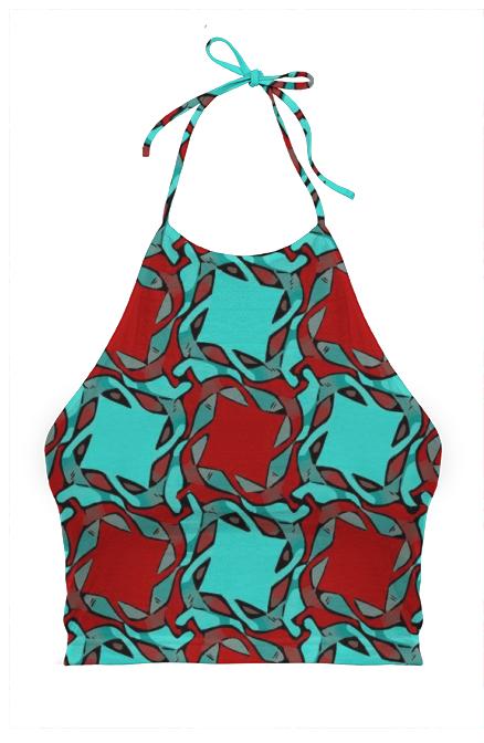 Cartoon Turquoise Red Geometric Halter Top