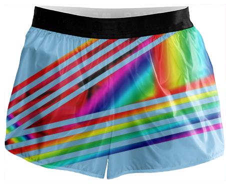 Rainbow lines on blue shorts