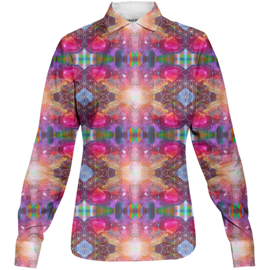 rainbow amethyst and rose quartz crystal rainbow mandala ~ button down shirt  ~ design 04
