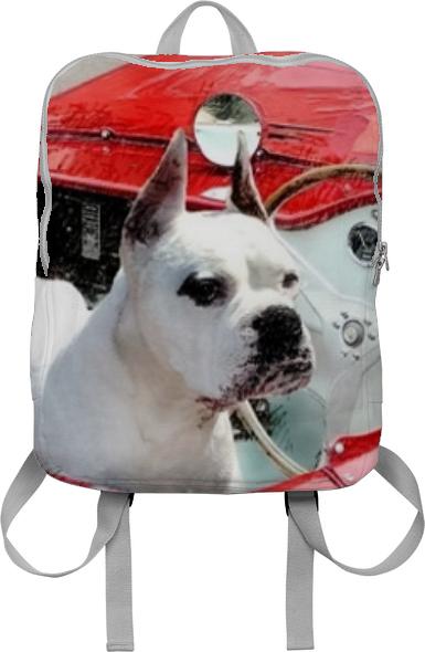 Boxer Dog in Red Sportscar backpack