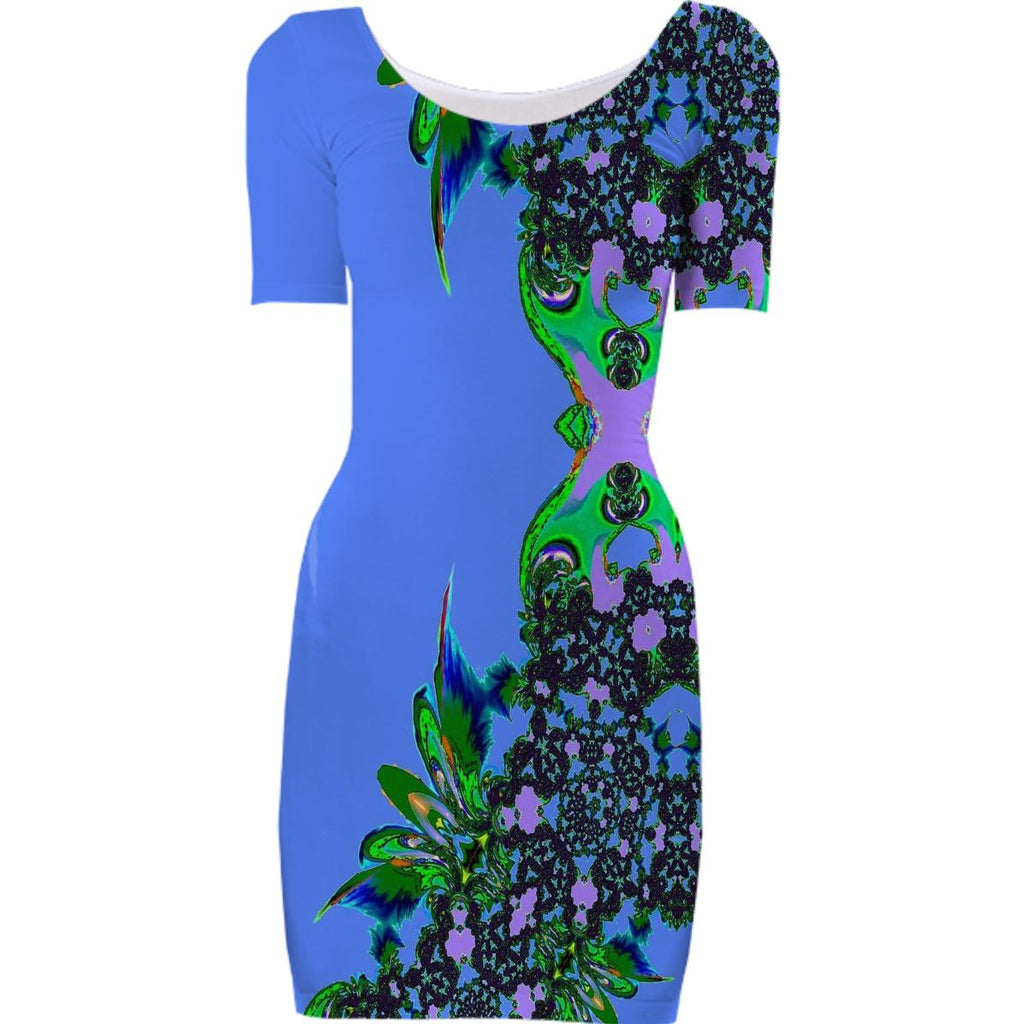 Blue Green Abstract Feathery Bodycon Dress