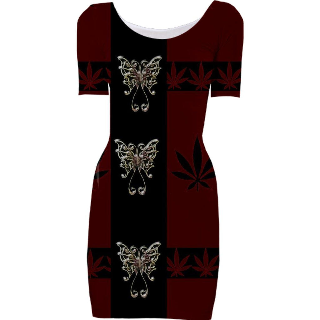 Cannabis Leaves and Butterflys Bodycon Dress