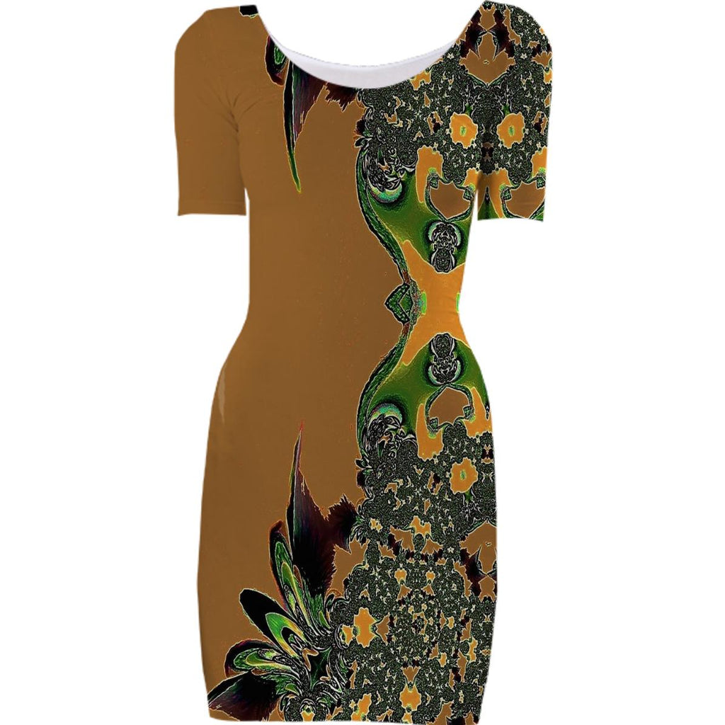 Gold Black Green Abstract Feathery Bodycon Dress