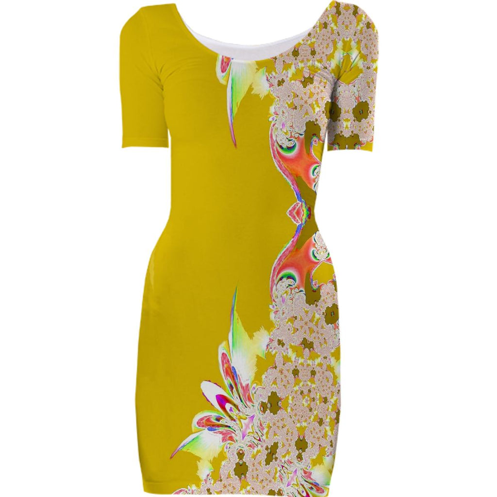 Mustard Yellow Cream Abstract Feathery Bodycon Dress