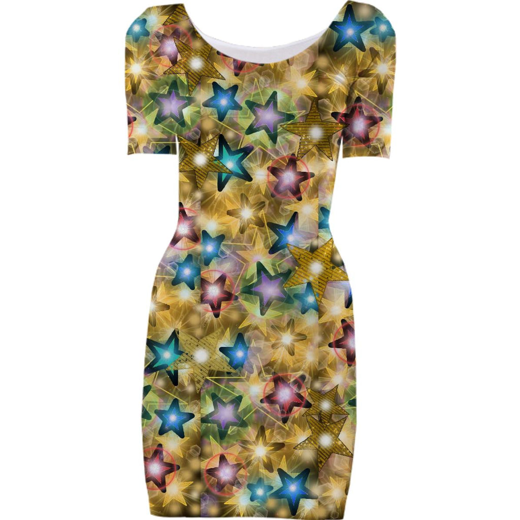 Rainbow of Stars on Gold Bodycon Dress