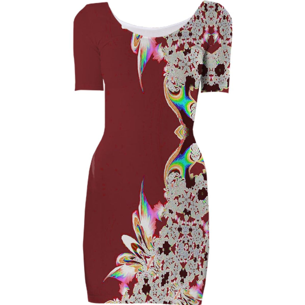 Rust Cream Abstract Feathery Bodycon Dress