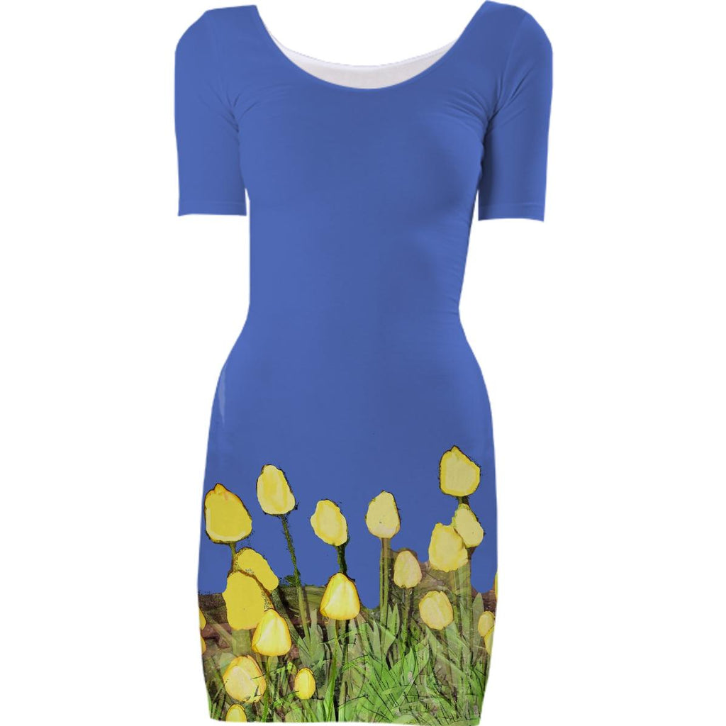 Yellow Tulips on Blue Bodycon Dress