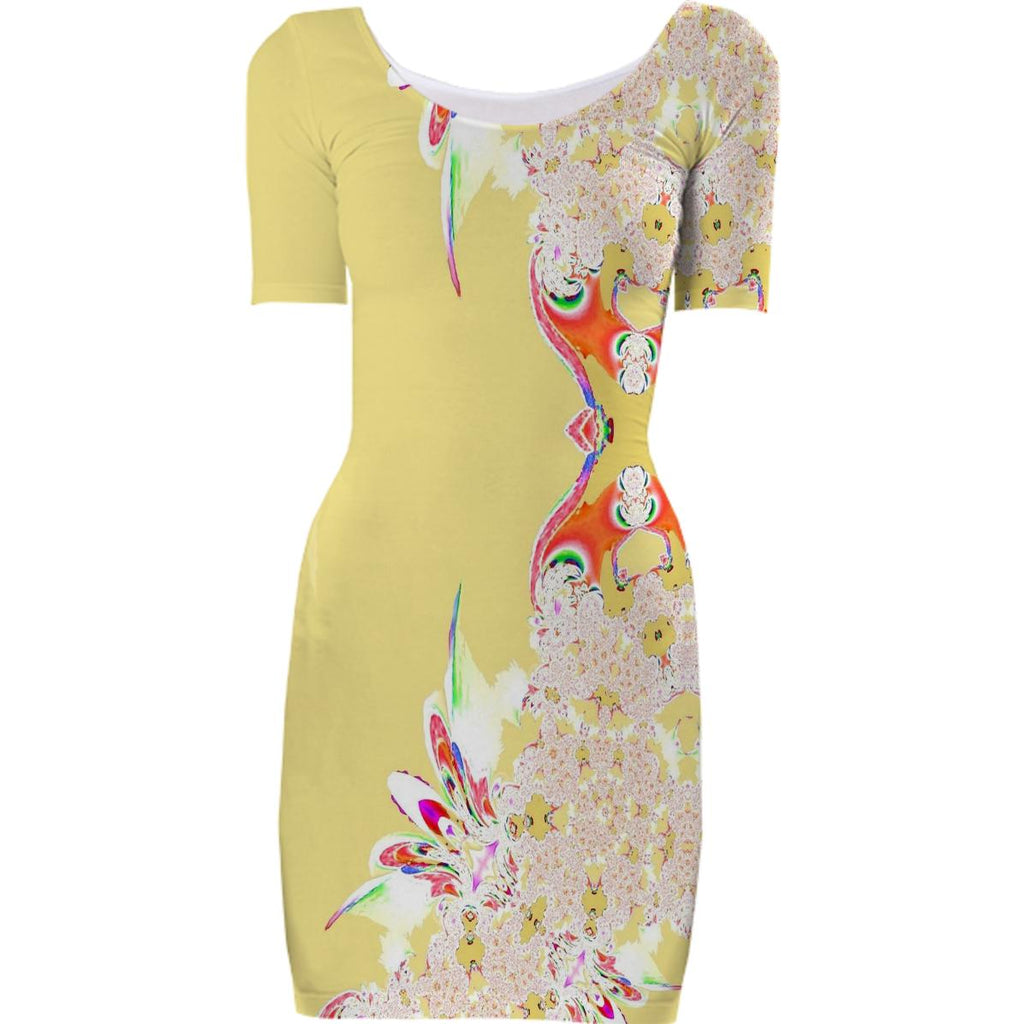 Yellow White Abstract Feathery Bodycon Dress