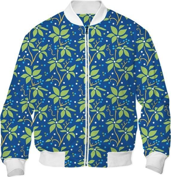 Green Flowers and Dots on Blue