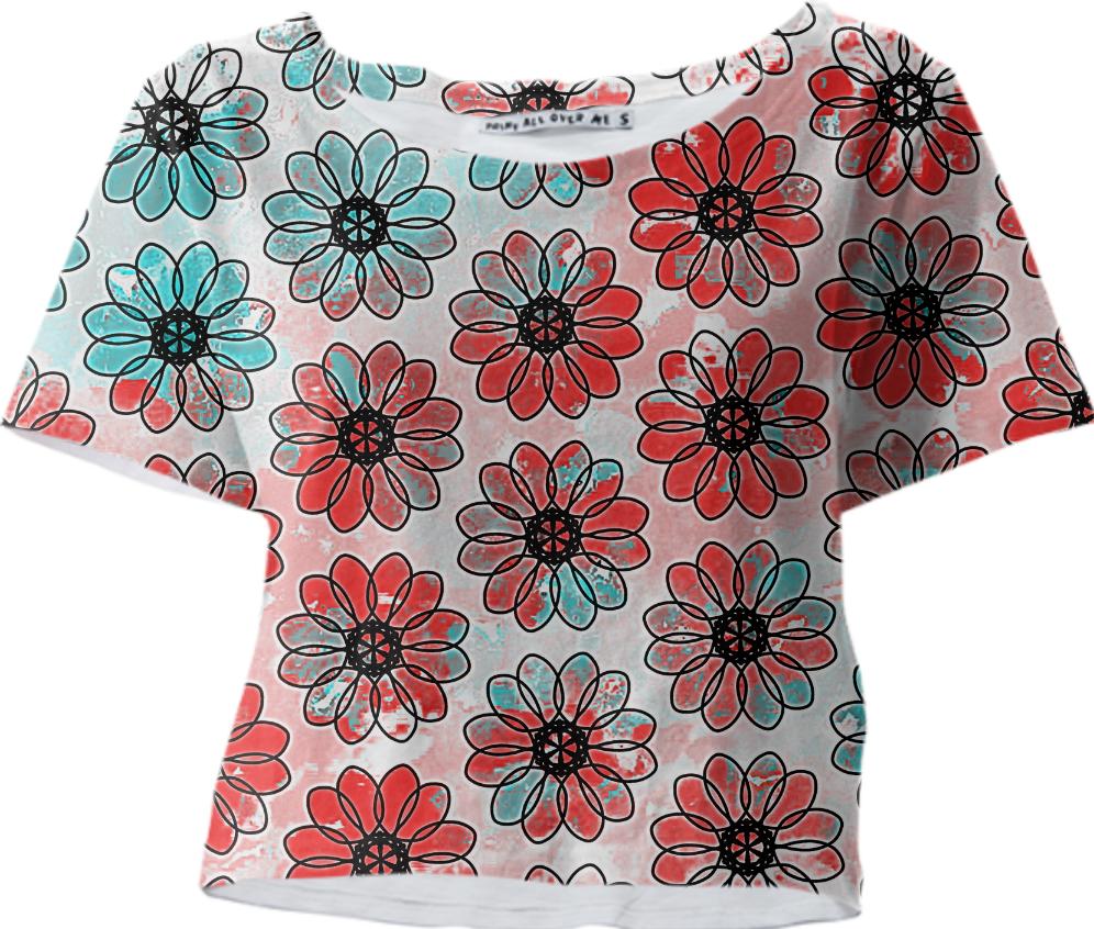 Red and Teal Painted Flower Crop Tee