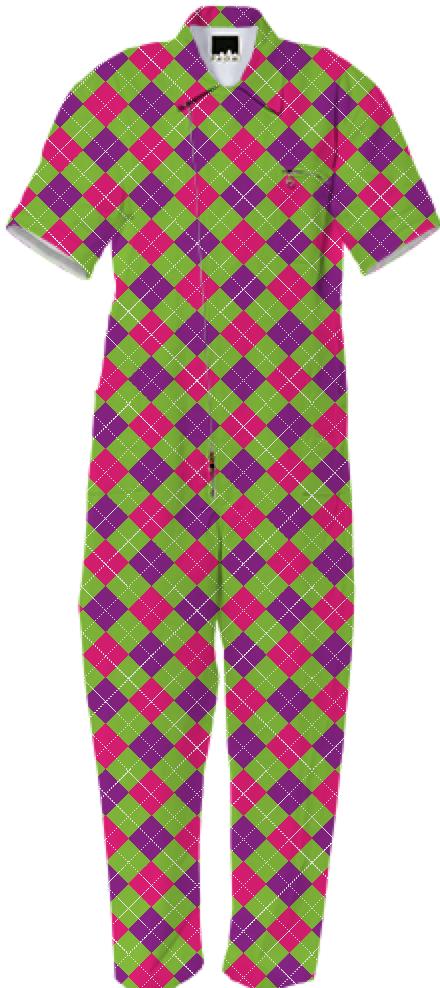 Pink Purple Green Small Argyle Pattern Jumpsuit