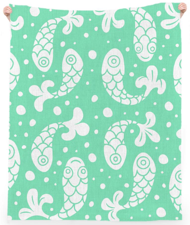 Bubble Fish Green Mint Print LINEN BEACH TOWEL by Mina Miyaki