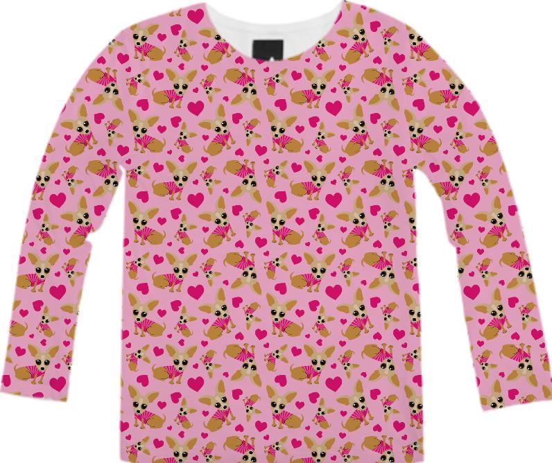 PINK CHIHUAHUA HEART PATTERN LONG SLEEVE SHIRT