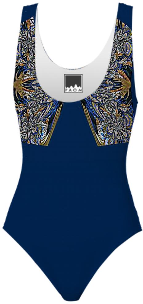 Blue Gold Brocade Swimsuit