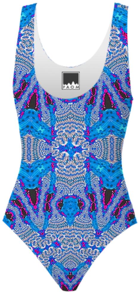 Blue White Lace Pattern Swimsuit