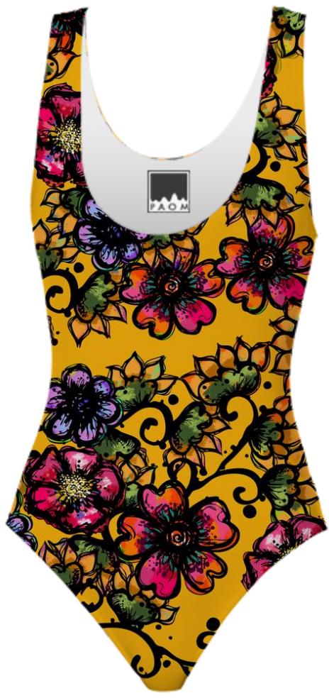 Romantic Boho Flowers on Gold One Piece Swimsuit for Women