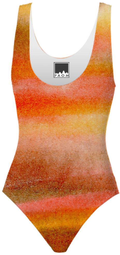 Watercolor Stripes in Orange Gold and Brown Swimsuit