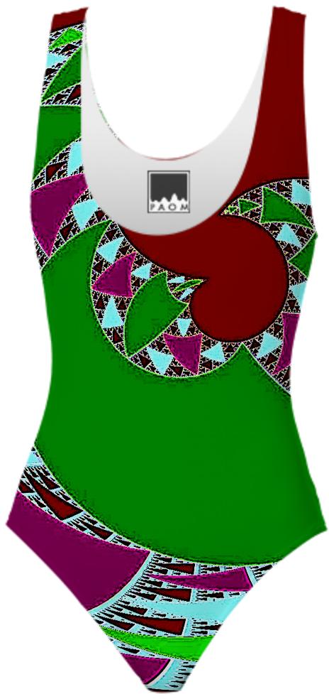 Wine Green Abstract Swimsuit