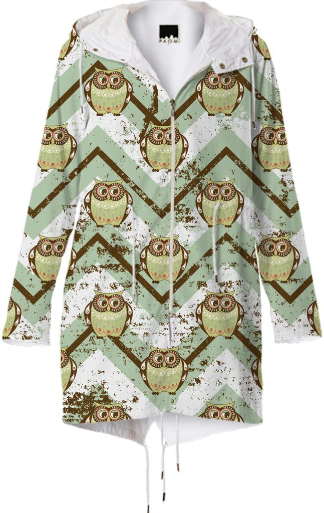 Distressed Chevron Owl Pattern Raincoat