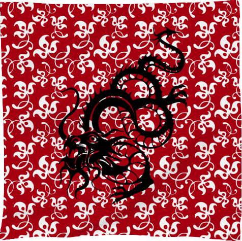 Black dragon on oriental floral red and white pattern background