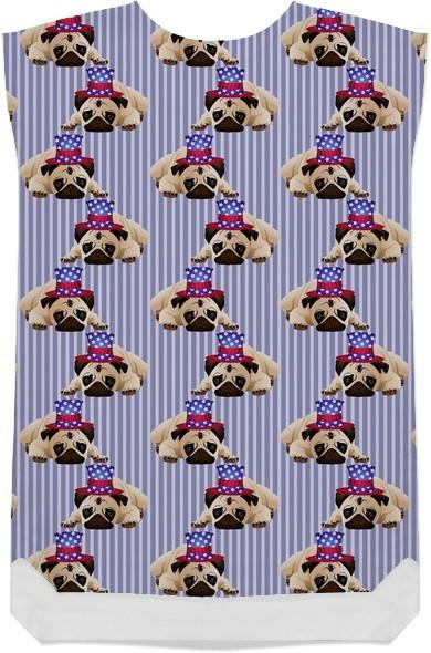 Patriotic Pugs on Blue Pin Stripes