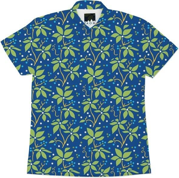 Green Flowers and Dots on Blue