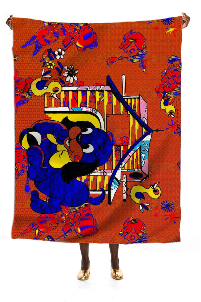 Happy in the Doghouse with Hot Crayon Colors large silk scarf