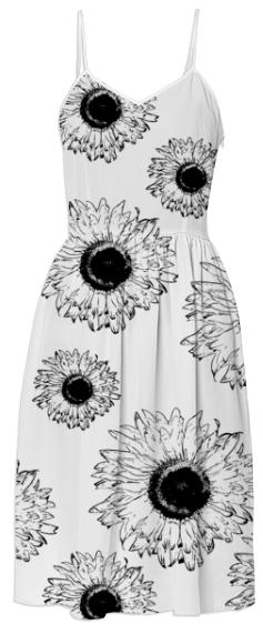 Black and White Sunflowers Summer Dress