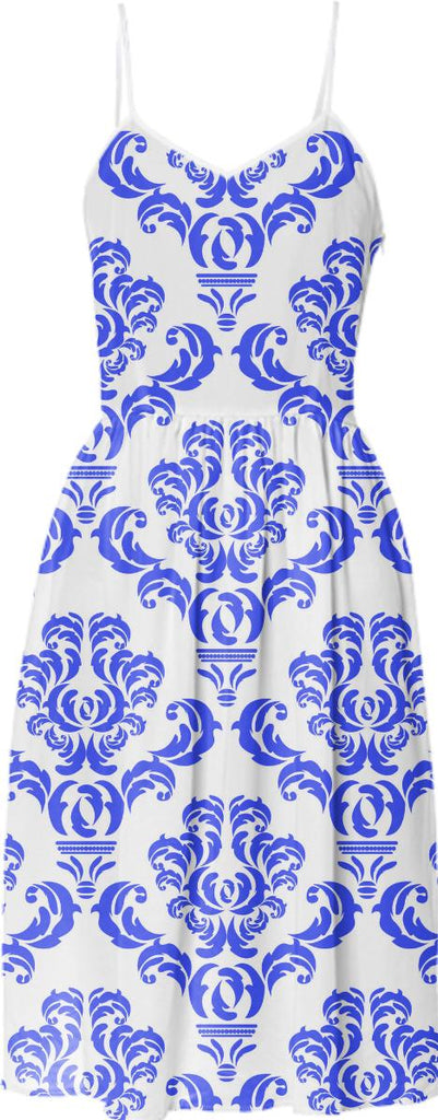 Blue and white damask arabesque chinoiserie print preppy sun dress