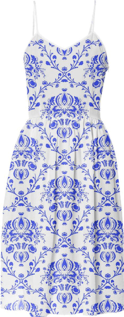 Blue and white damask chinoiserie print arabesque preppy sun dress
