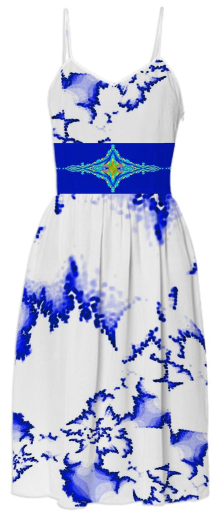 Blue White Fractal Belted Summer Dress